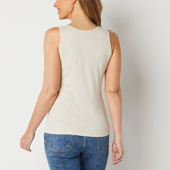 ST. JOHN'S BAY Cotton Womens Scoop Neck Sleeveless Tank Top in Stone Beige - Picture 3 of 4
